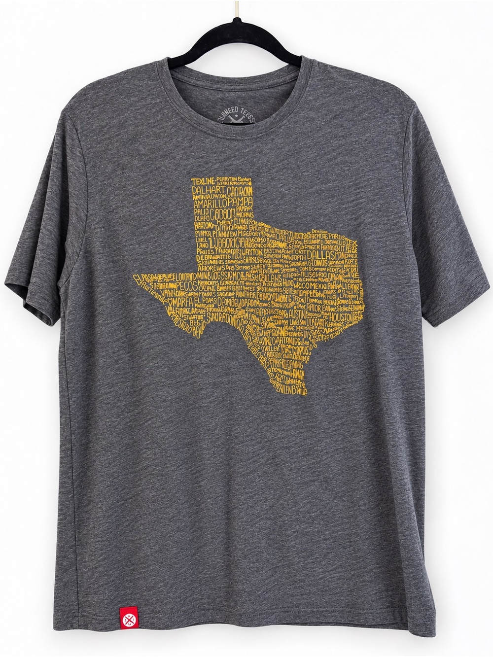 Gray Texas Outline Graphic Tee with Yellow Cities Print